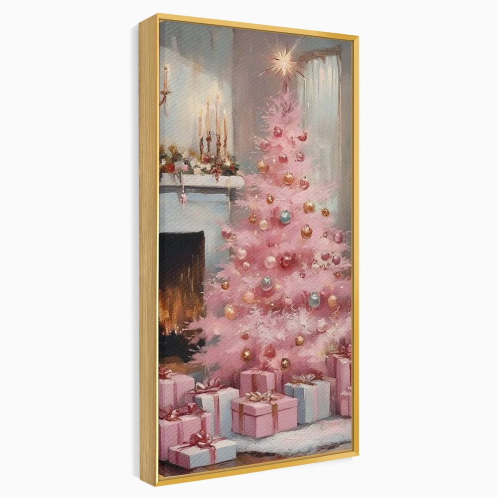 Tablou canvas cu pictura cu brad roz si semineu, in rama de aluminiu auriu